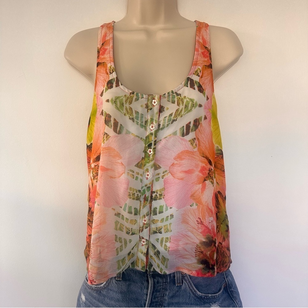 Anthropologie KAS New York Women’s Pink Green Floral Button Tank Top Size Small